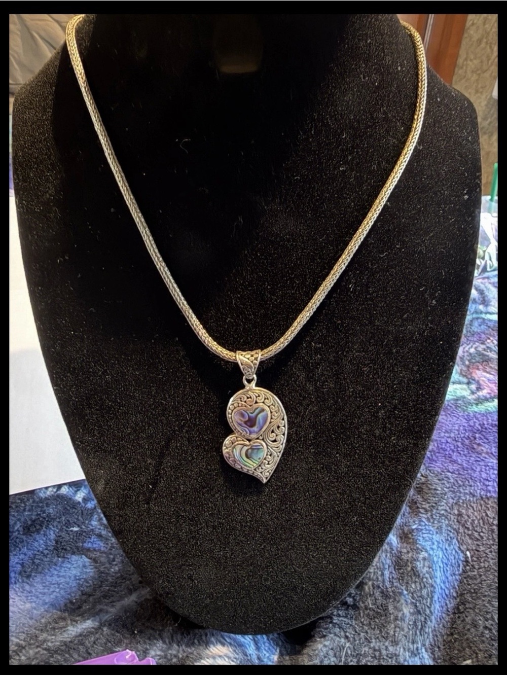 Sterling Silver Heart Pendant Necklace with Abalone Accent